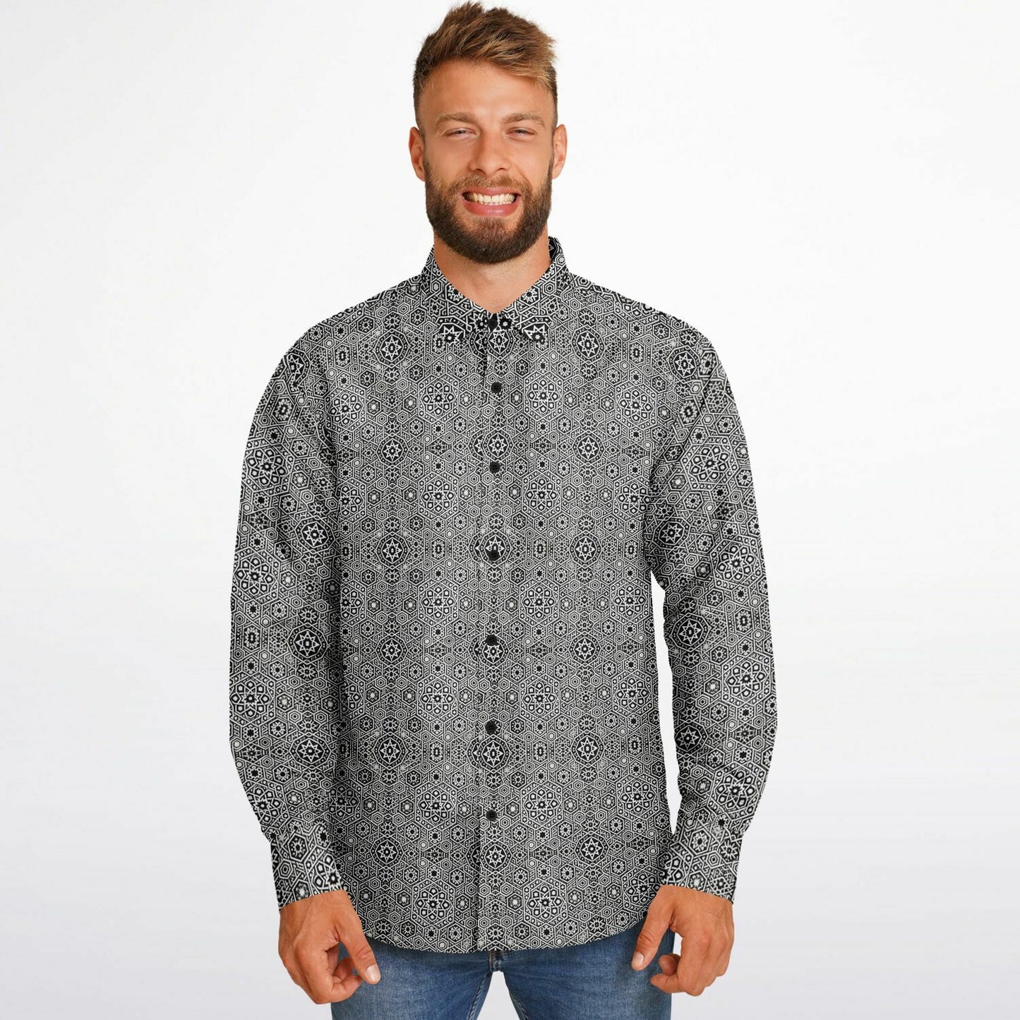 Grey Geometric Long Sleeve Button-Down Shirt – Stylish All-Over Print, Modern Casual & Formal Wear