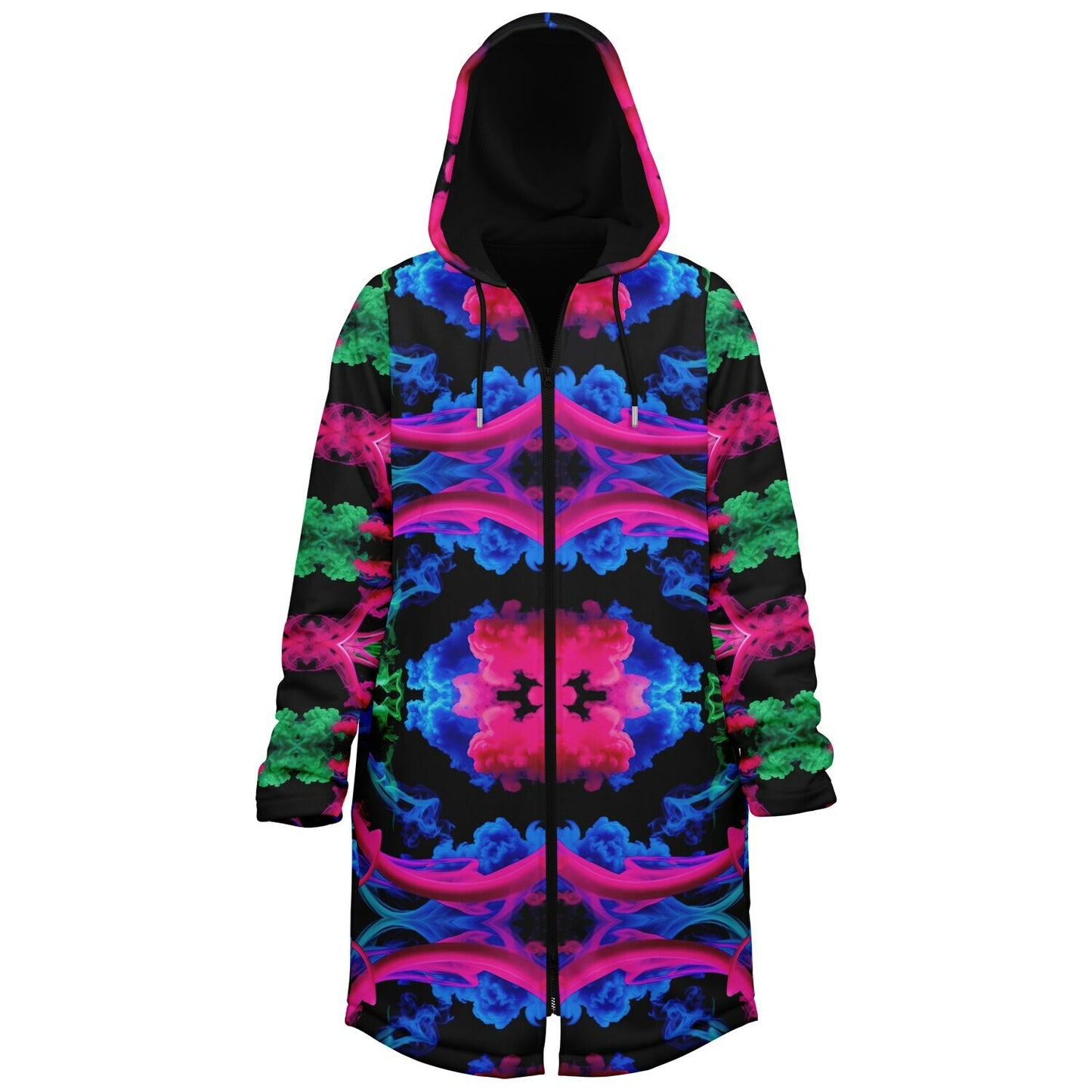 Neon Spectrum Cymatic Zip Cloak – Bold, Futuristic & Ultra-Cozy Longline Jacket