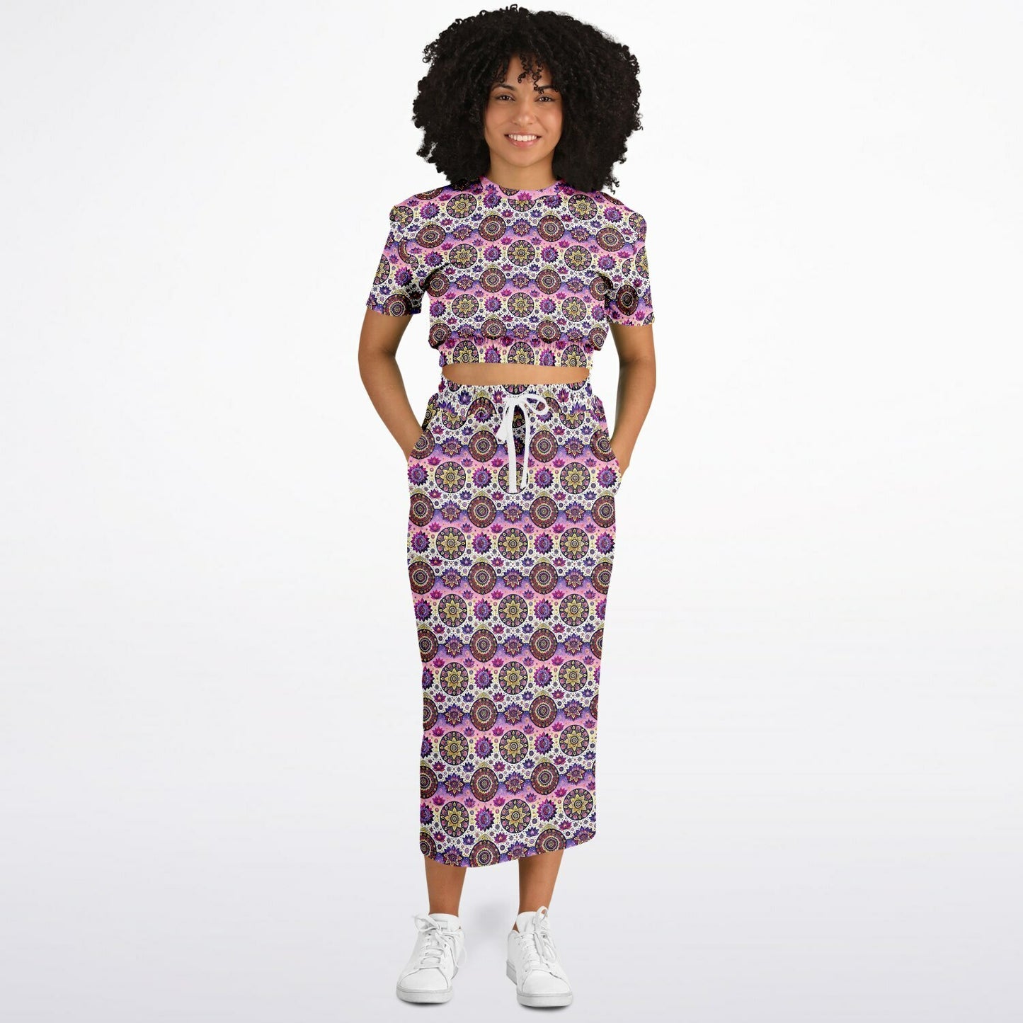 Geometric Pink Pattern Cropped Sweatshirt & Long Pocket Skirt Set – Bold Two-Piece Co-ord for Streetwear & Loungewear (AOP)