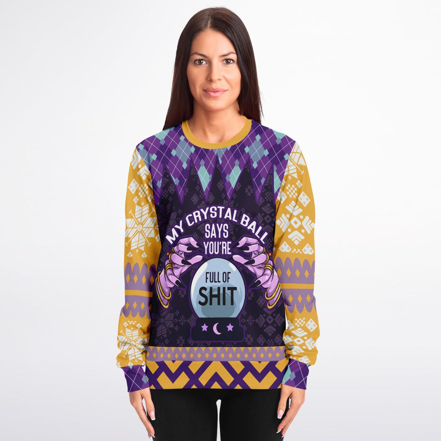 Spiritual Crystal Ball Sweatshirt – Mystical Aesthetic Jumper with Purple Hands, Celestial Snowflakes & Funny Quote