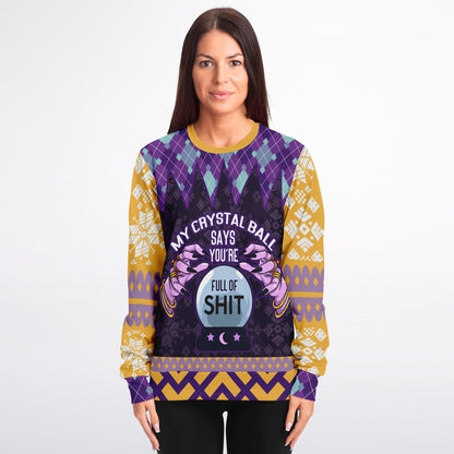Spiritual Crystal Ball Sweatshirt – Mystical Aesthetic Jumper with Purple Hands, Celestial Snowflakes & Funny Quote