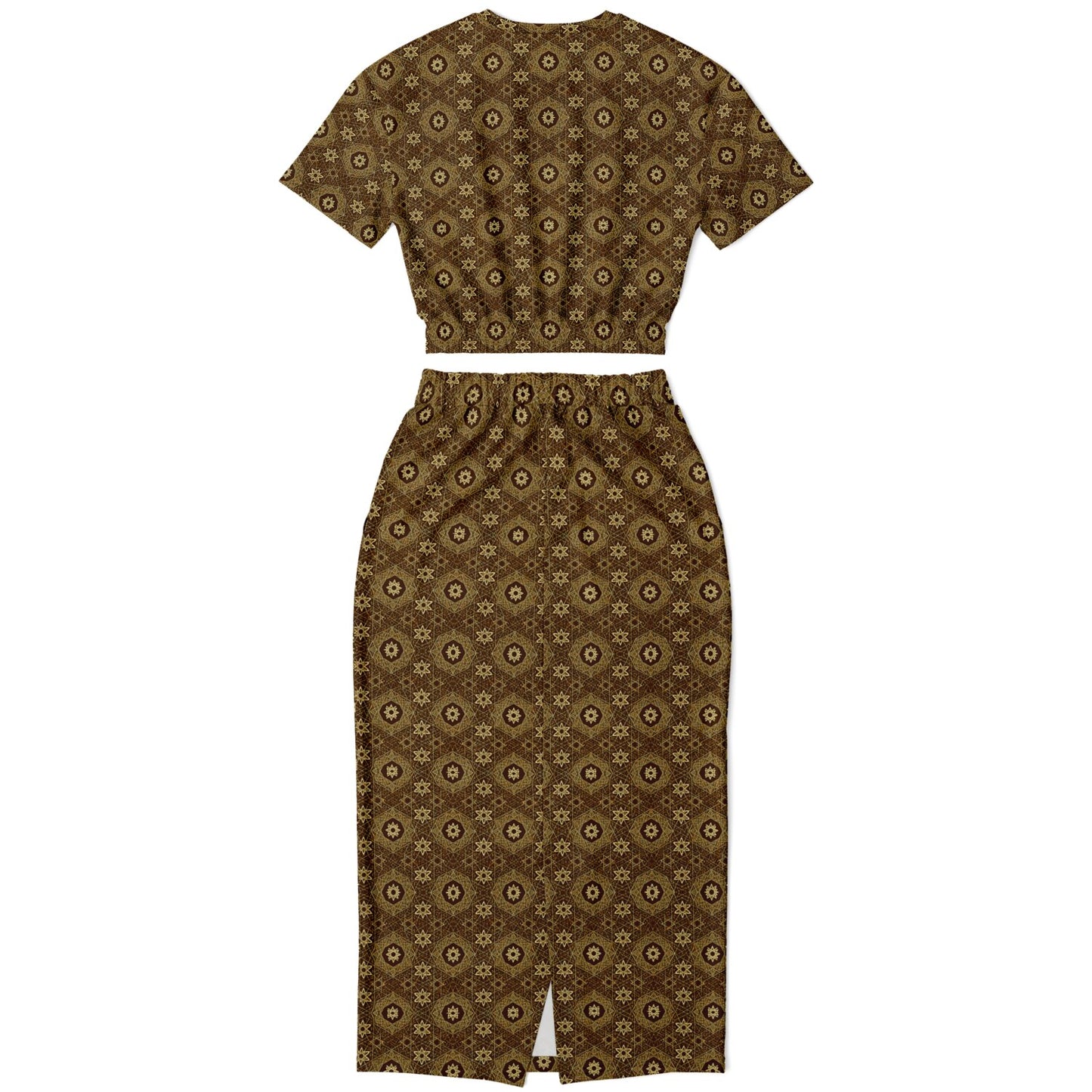 Geometric Gold Pattern Cropped Sweatshirt & Long Pocket Skirt Set – Bold Two-Piece Co-ord for Streetwear, Loungewear & Casual Outfits (AOP)