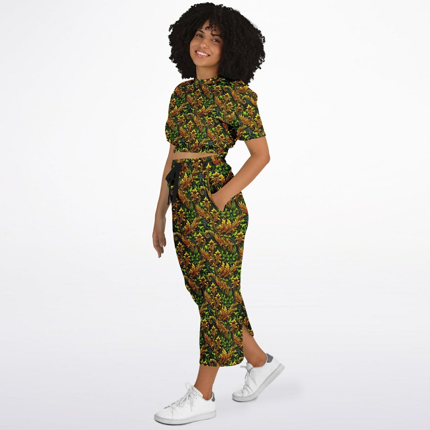 Gold Garden Cropped Sweatshirt & Long Pocket Skirt Set – Trendy Two-Piece Loungewear & Streetwear Outfit (AOP)