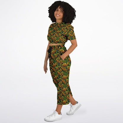 Gold Garden Cropped Sweatshirt & Long Pocket Skirt Set – Trendy Two-Piece Loungewear & Streetwear Outfit (AOP)