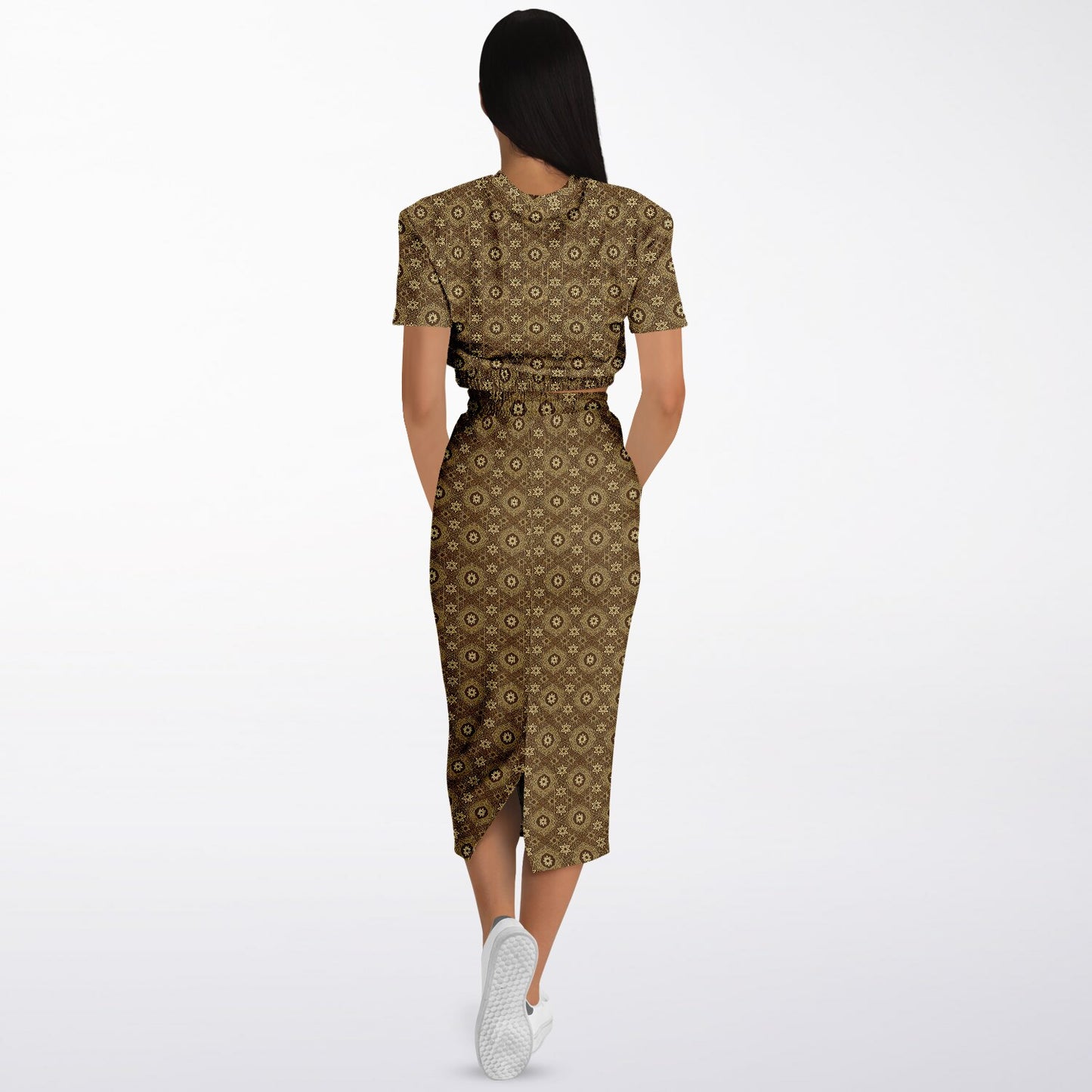 Geometric Gold Pattern Cropped Sweatshirt & Long Pocket Skirt Set – Bold Two-Piece Co-ord for Streetwear, Loungewear & Casual Outfits (AOP)
