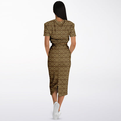 Geometric Gold Pattern Cropped Sweatshirt & Long Pocket Skirt Set – Bold Two-Piece Co-ord for Streetwear, Loungewear & Casual Outfits (AOP)