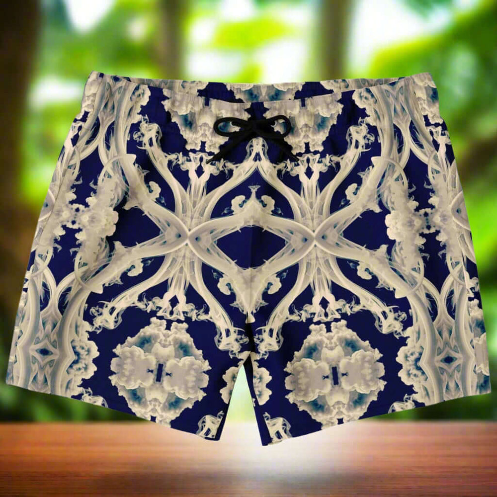 Clear Smoke Cymatic men’s swim trunks featuring a futuristic design, quick-dry fabric, and stylish above-the-knee cut.