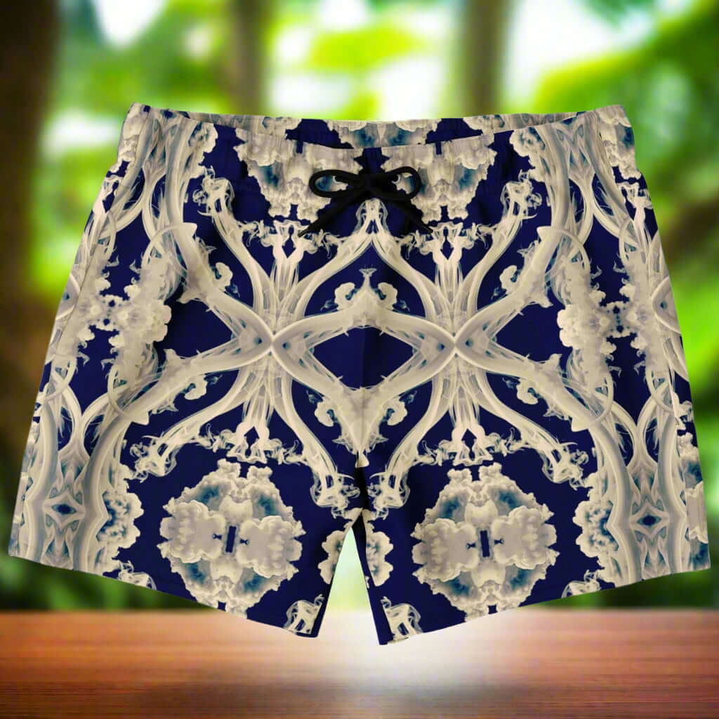 Clear Smoke Cymatic men’s swim trunks featuring a futuristic design, quick-dry fabric, and stylish above-the-knee cut.