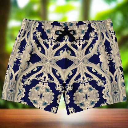 Clear Smoke Cymatic men’s swim trunks featuring a futuristic design, quick-dry fabric, and stylish above-the-knee cut.