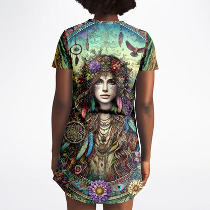 Spiritual Goddess Trinity Collection T-Shirt Dress – Vibrant All-Over Print (AOP) Featuring Unique Faces for Boho Chic Comfort