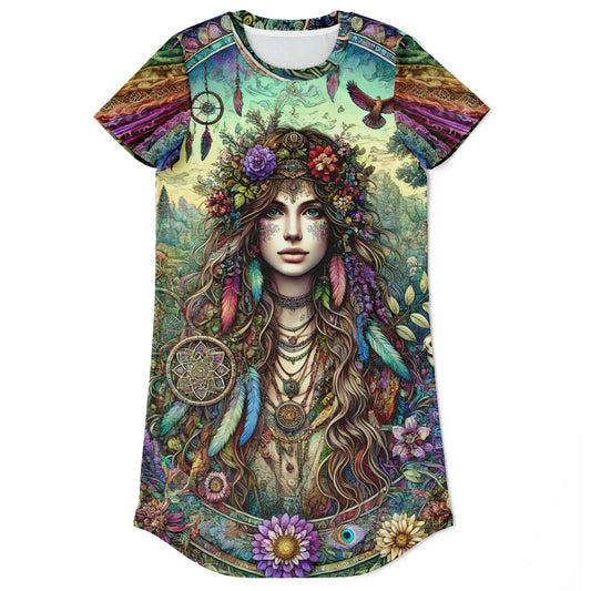 Spiritual Goddess Trinity Collection T-Shirt Dress – Vibrant All-Over Print (AOP) Featuring Unique Faces for Boho Chic Comfort