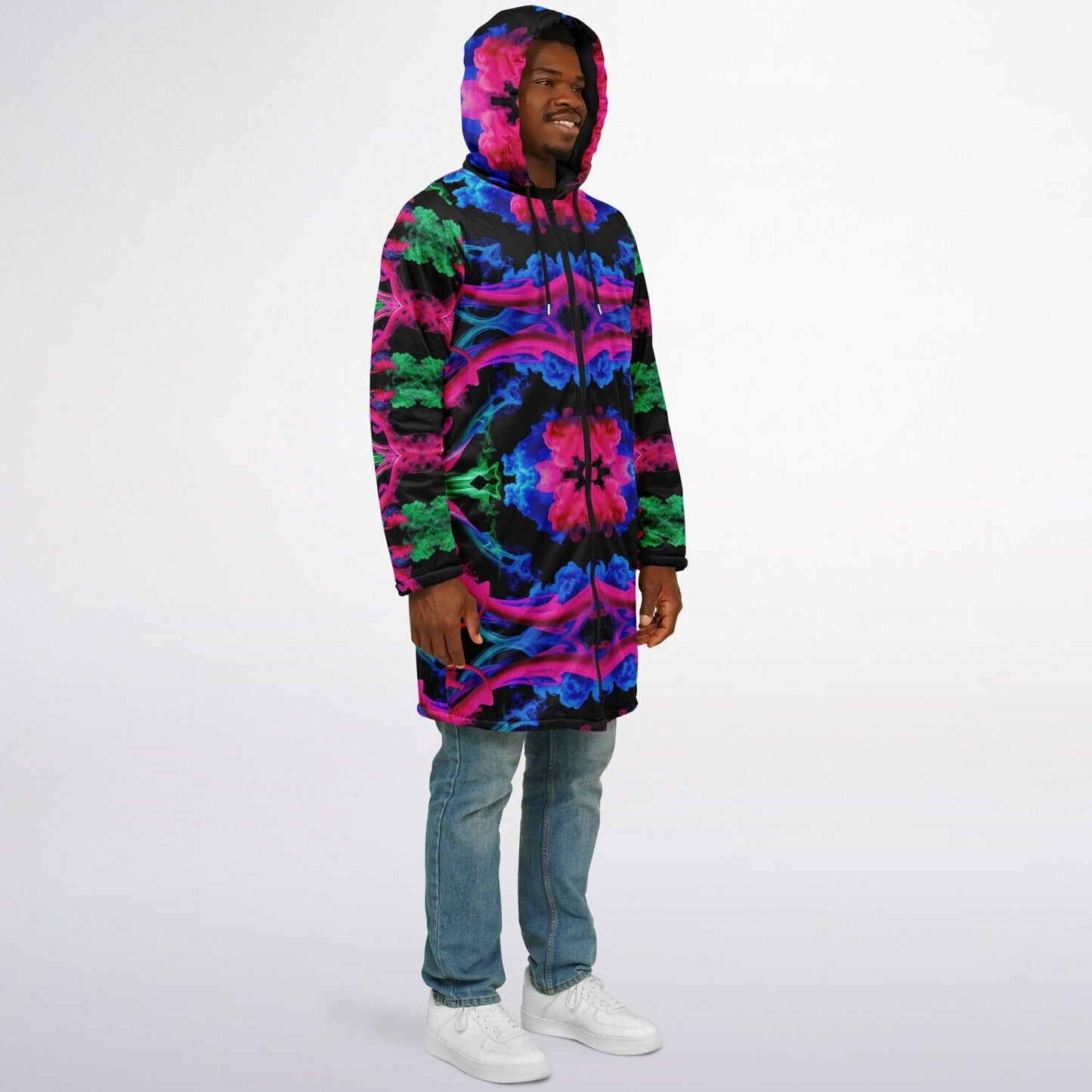 Neon Spectrum Cymatic Zip Cloak – Bold, Futuristic & Ultra-Cozy Longline Jacket