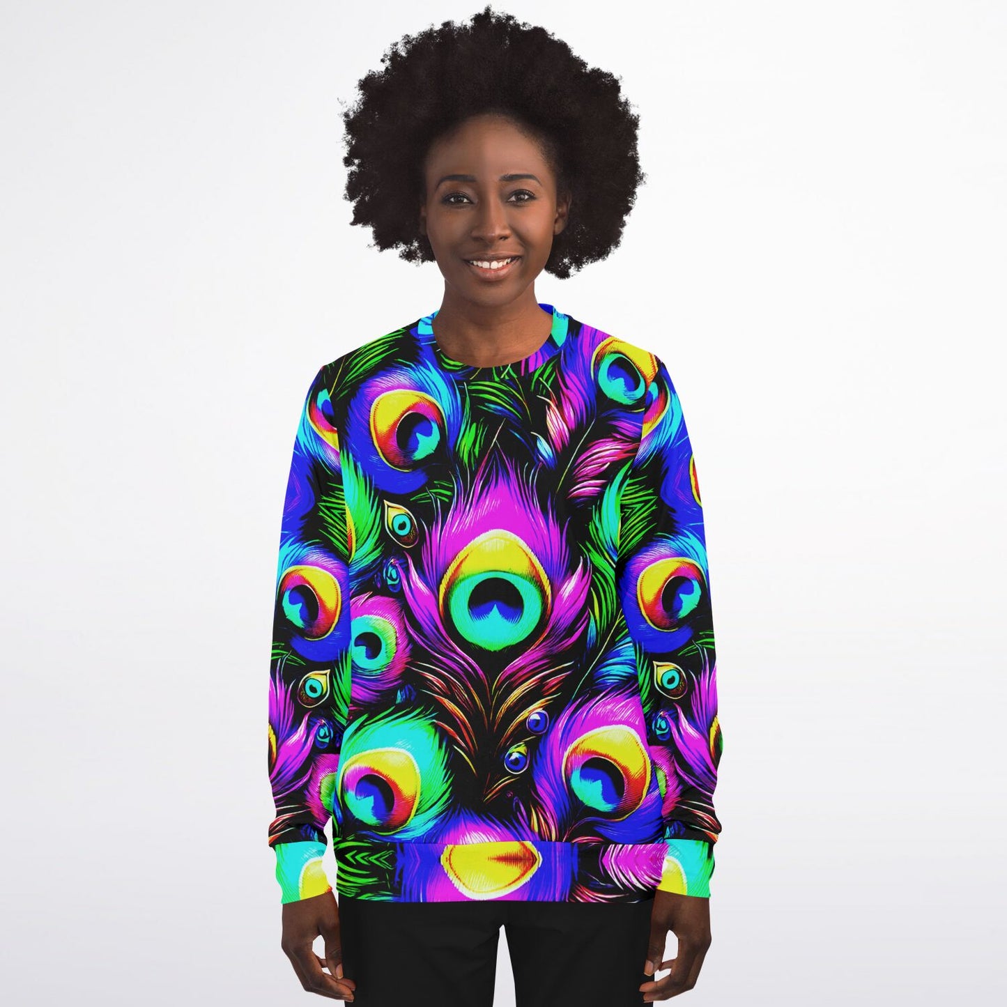 Peacock Neon Psychedelic Athletic Sweatshirt – Vibrant All-Over Print (AOP) | Bold Festival & Streetwear Fashion