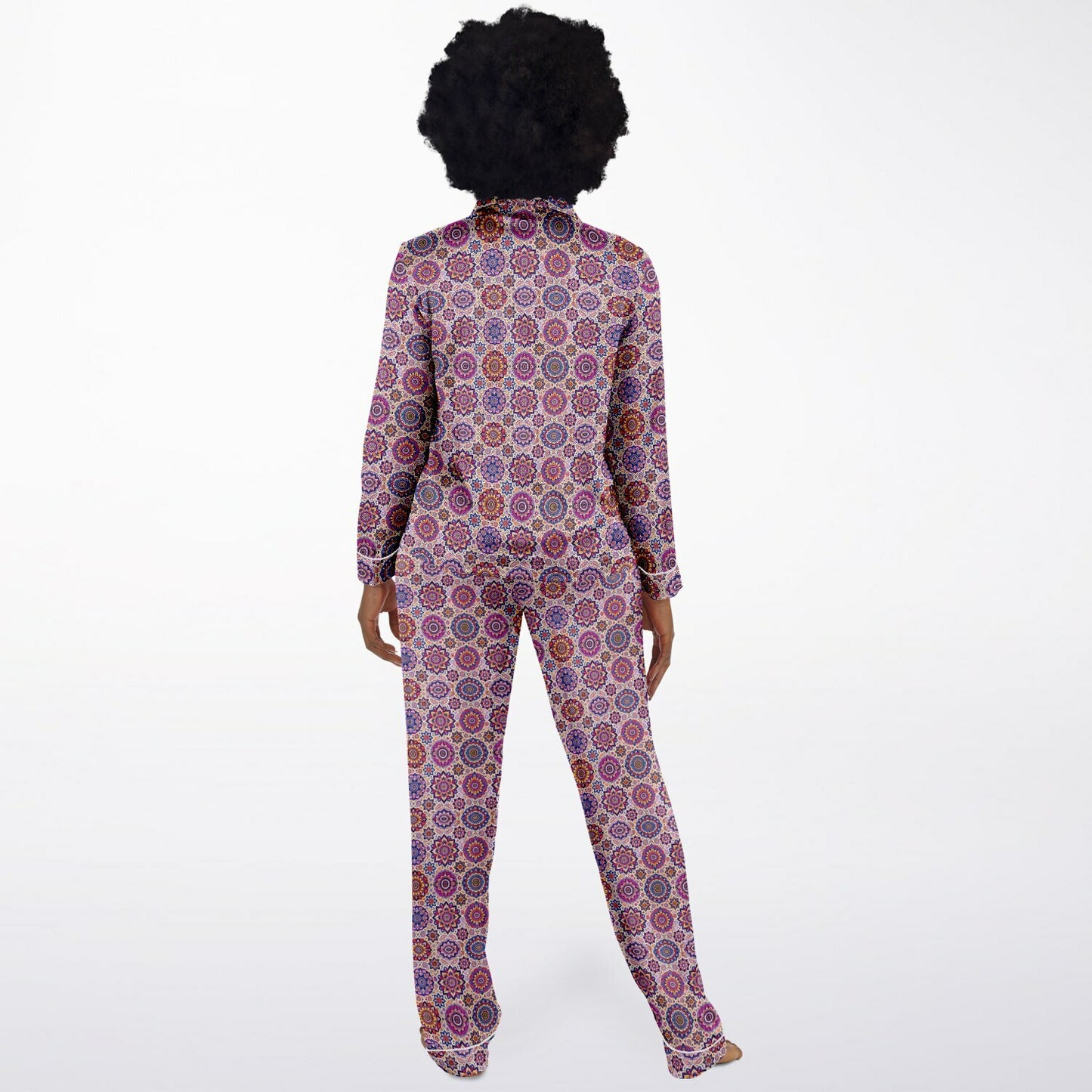 Luxury Pink Geometric Women’s Satin Pyjamas – All-Over Print Elegant Sleepwear, Soft & Comfortable Pajama Set for Women