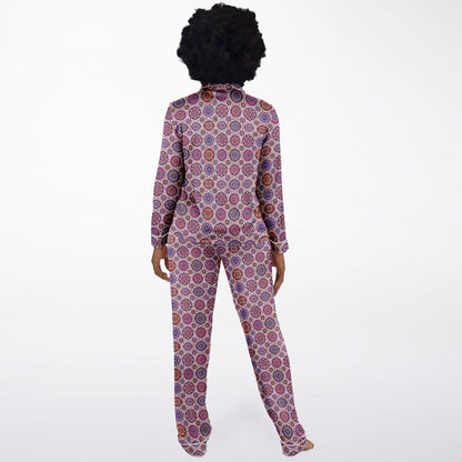 Luxury Pink Geometric Women’s Satin Pyjamas – All-Over Print Elegant Sleepwear, Soft & Comfortable Pajama Set for Women