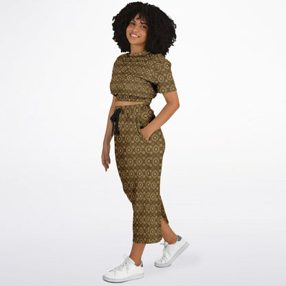 Geometric Gold Pattern Cropped Sweatshirt & Long Pocket Skirt Set – Bold Two-Piece Co-ord for Streetwear, Loungewear & Casual Outfits (AOP)