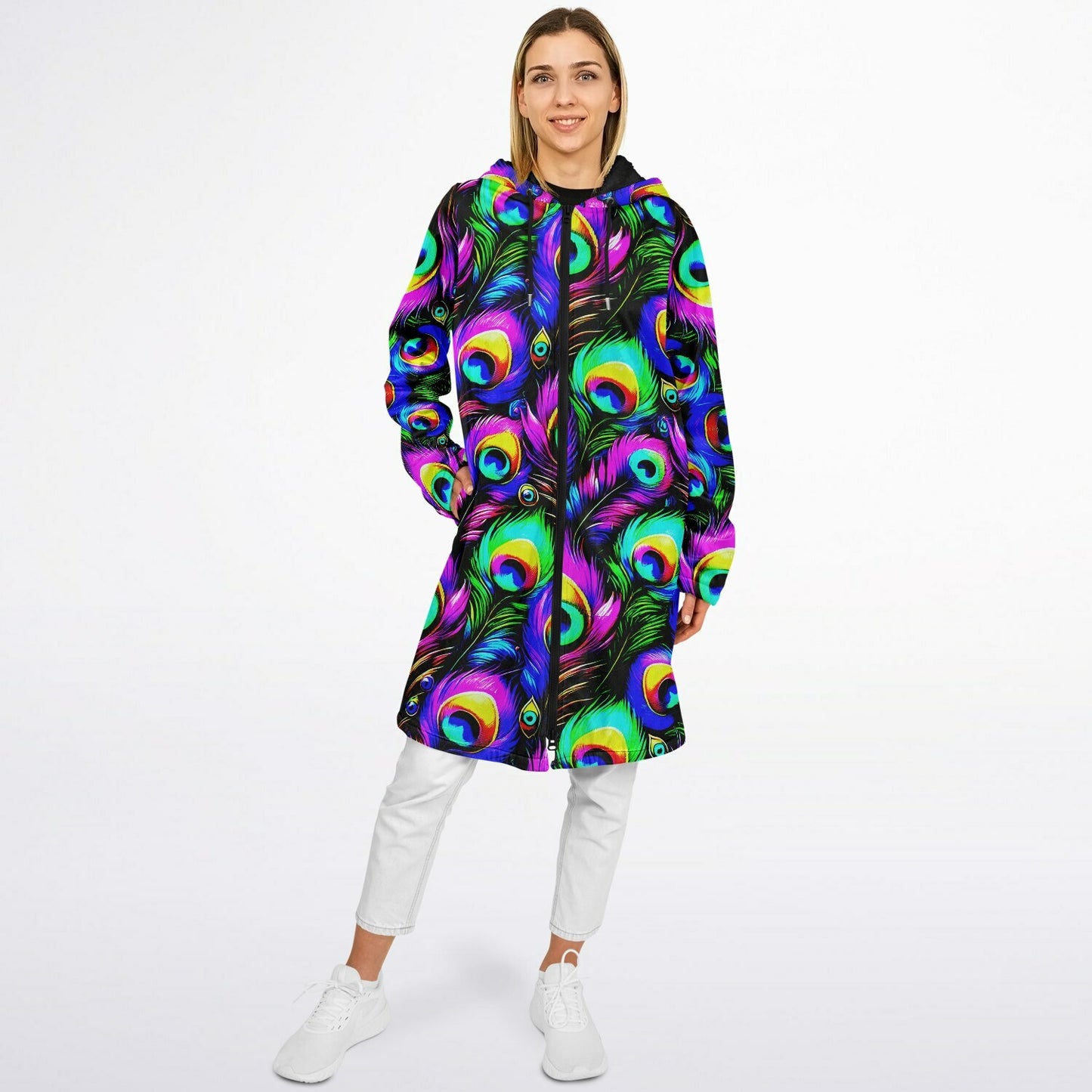 Psychedelic Peacock Print Zipper Cloak - Bold, Vibrant All-Over Design | Luxurious Comfort & Striking Style