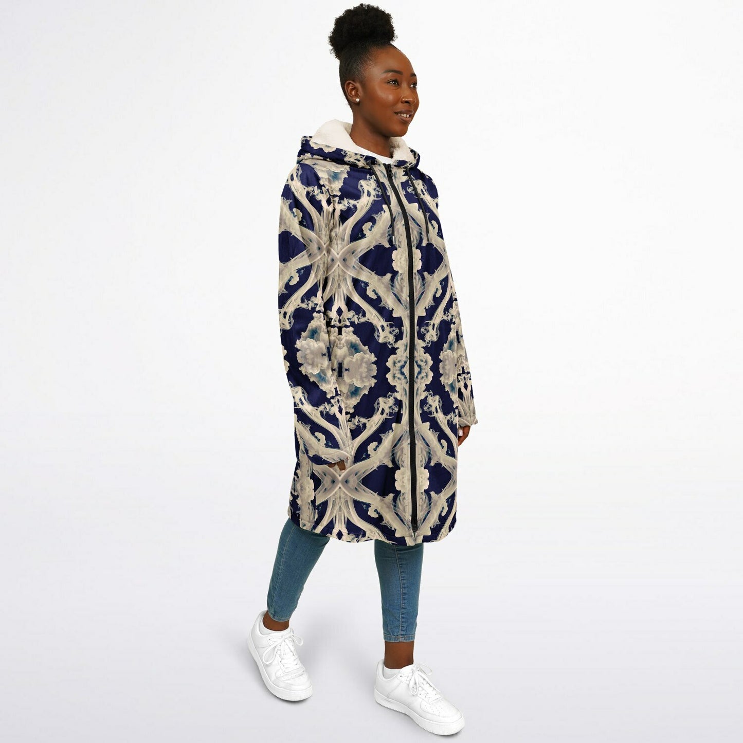 Clear Smoke Cymatic Zip Cloak – Sleek, Futuristic & Ultra-Cozy Longline Jacket