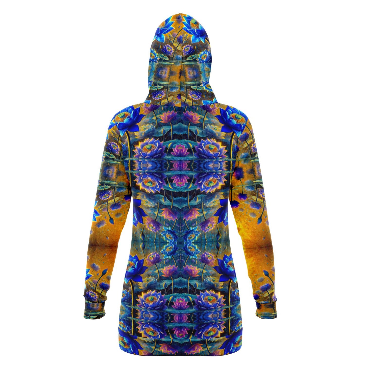 Blue Lotus Flower, Female, Longline Hoodie – Boho-Inspired All-Over Print Hoodie for Streetwear, Loungewear, Everyday Comfort (AOP)