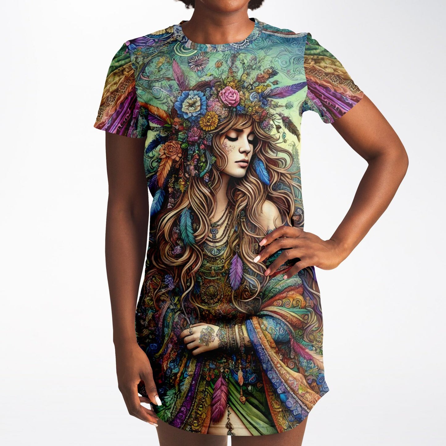 Spiritual Goddess Trinity Collection T-Shirt Dress – Unique Faces, Premium All-Over Print (AOP) for Boho Style and Comfort