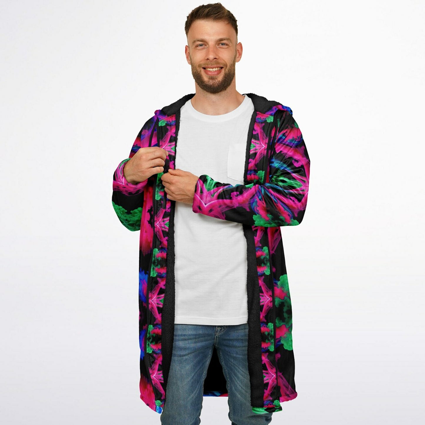 Neon Spectrum Cymatic Zip Cloak – Bold, Futuristic & Ultra-Cozy Longline Jacket