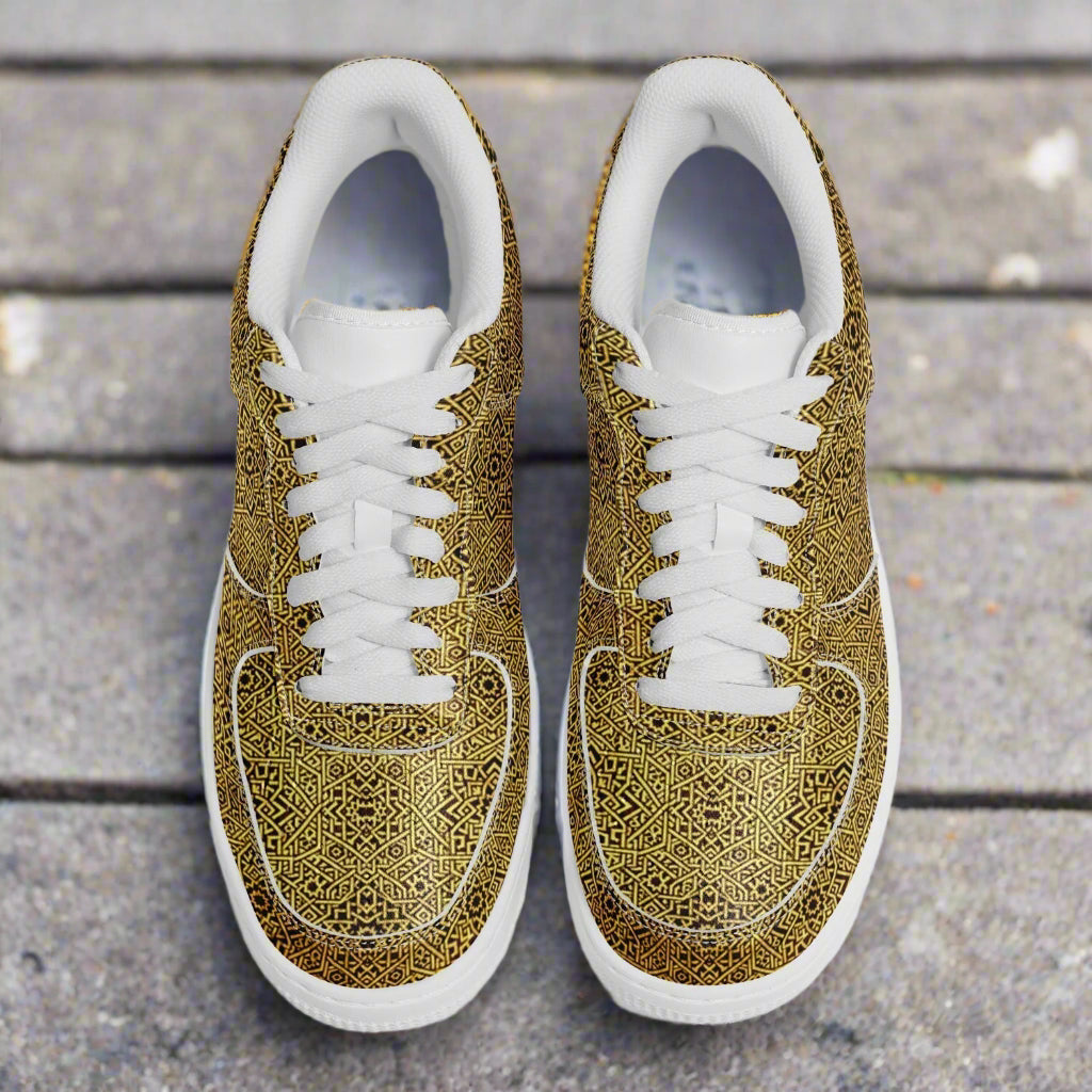 Geometric Gold Core Low Shoes – Unisex Custom Sneakers | Geometric Gold Pattern | Stylish Streetwear & Outerwear
