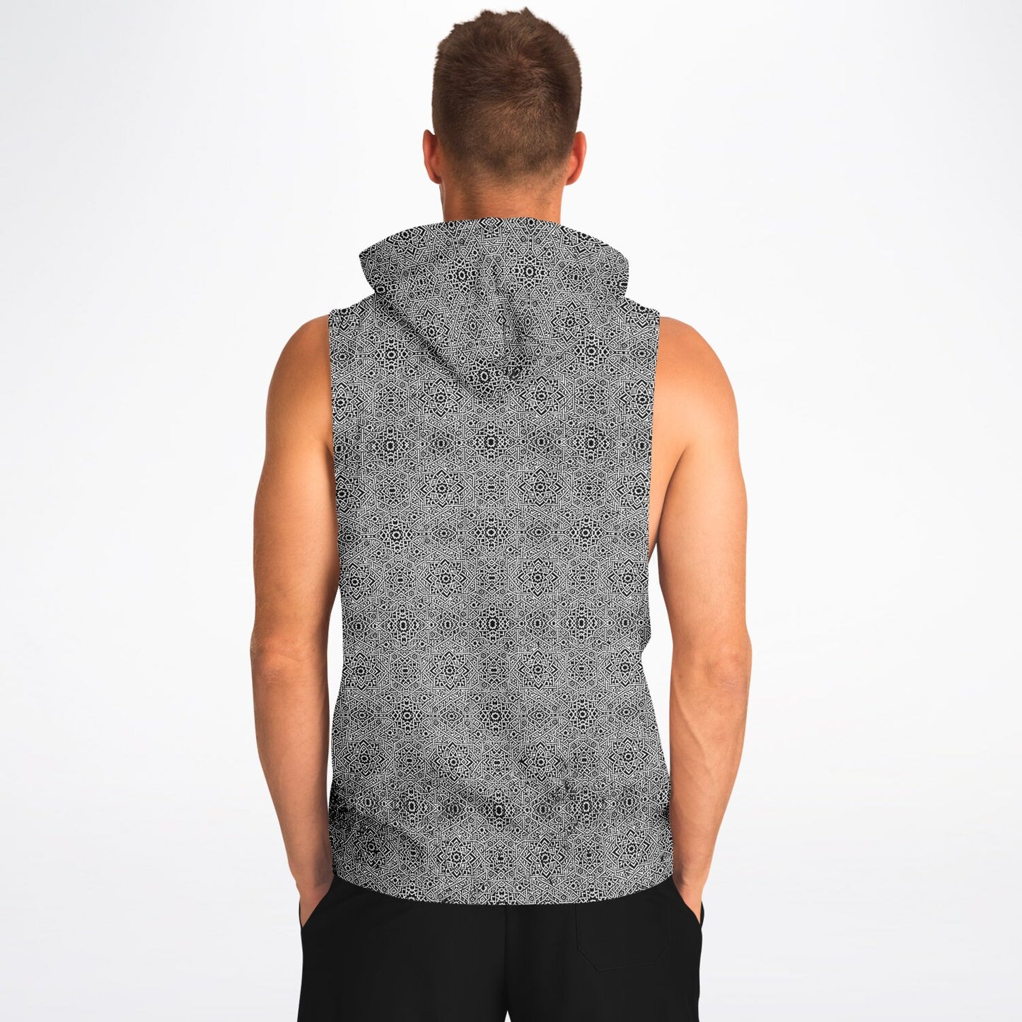 Geometric Grey Drop Armhole Hoodie – Menswear All-Over Print (AOP) | Streetwear-Inspired, Fleece-Lined, Oversized Hoodie