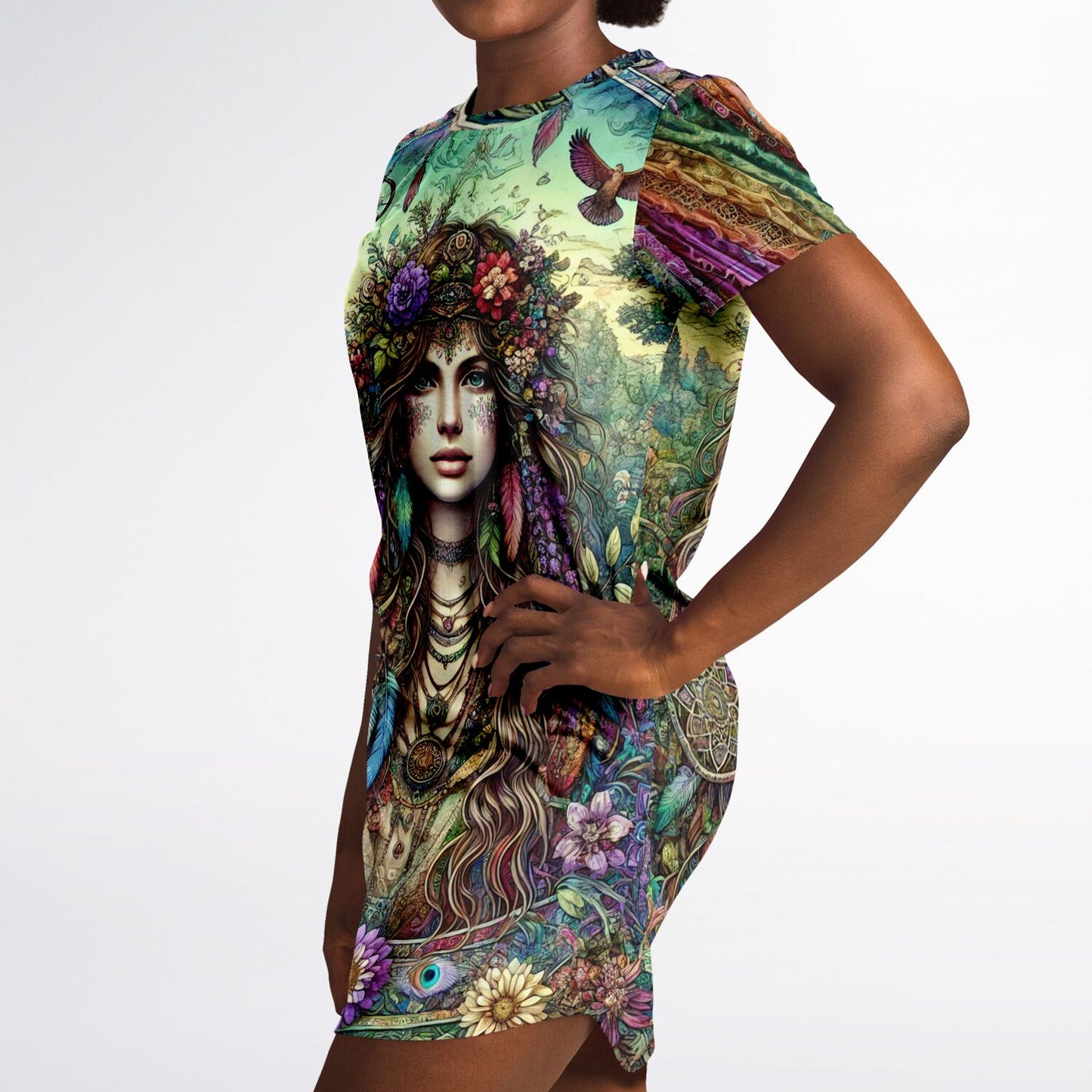 Spiritual Goddess Trinity Collection T-Shirt Dress – Vibrant All-Over Print (AOP) Featuring Unique Faces for Boho Chic Comfort