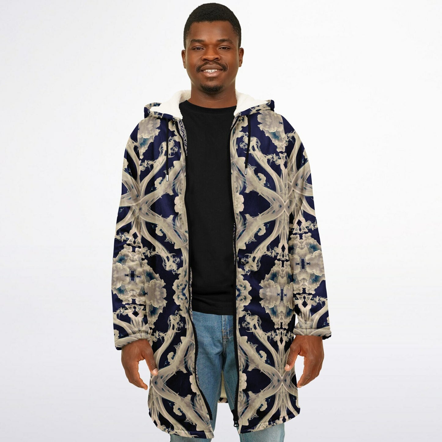 Clear Smoke Cymatic Zip Cloak – Sleek, Futuristic & Ultra-Cozy Longline Jacket