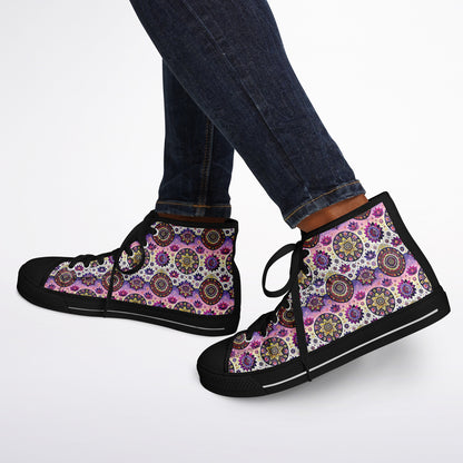 Geometric Pink & White High-Top Sneakers – All-Over Print Urban Streetwear, Trendy Casual Shoes