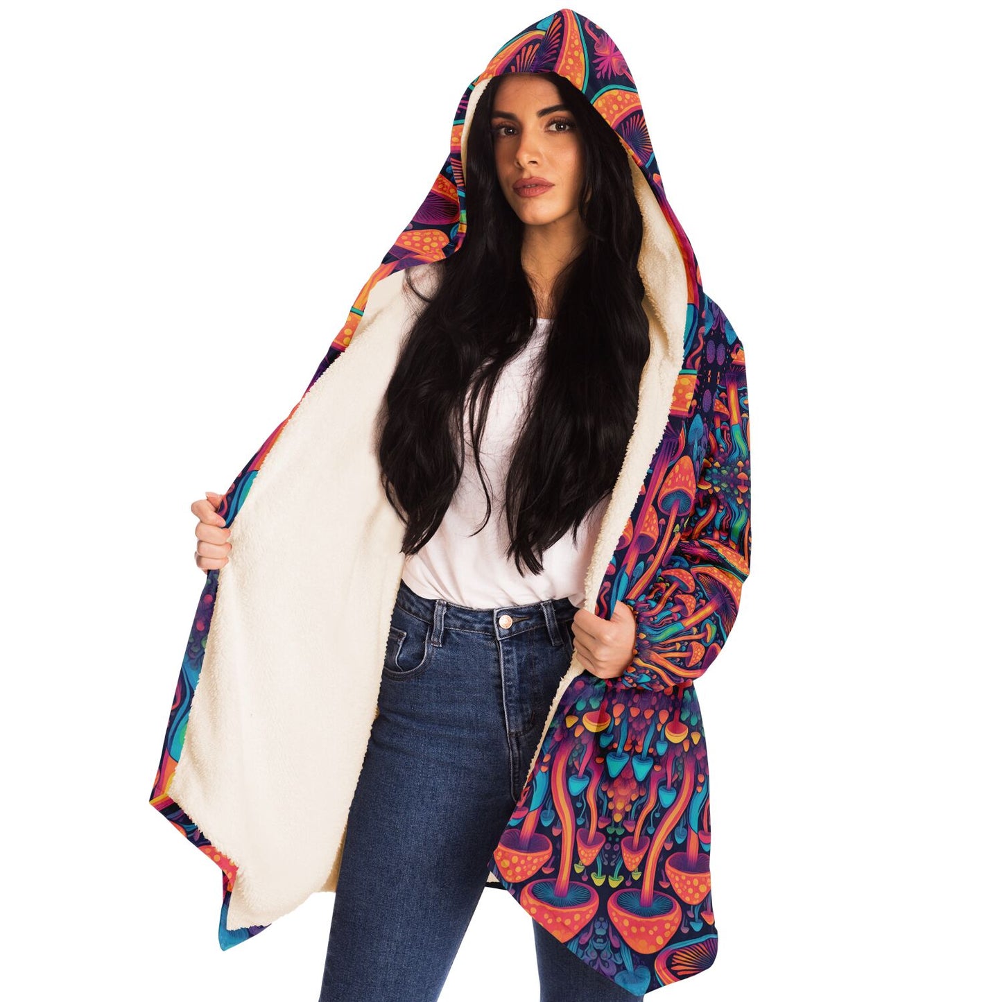 Magic Mushroom Micro-Fleece Cloak – Enchanting Psychedelic Hooded Blanket for Ultimate Comfort (AOP)