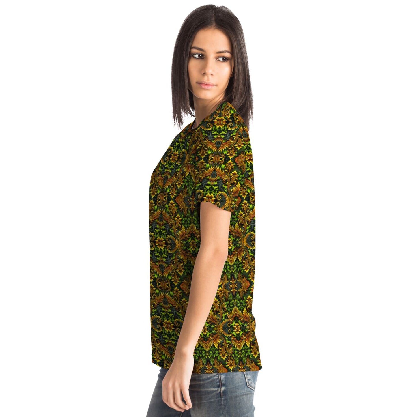 Emerald Green & Gold Pocket T-Shirt – All-Over Print, Stylish Casual Wear with Chest Pocket