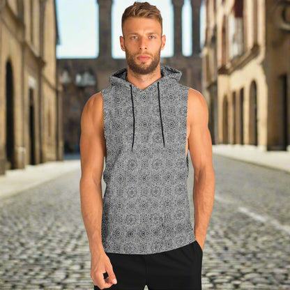 Geometric Grey Drop Armhole Hoodie – Menswear All-Over Print (AOP) | Streetwear-Inspired, Fleece-Lined, Oversized Hoodie