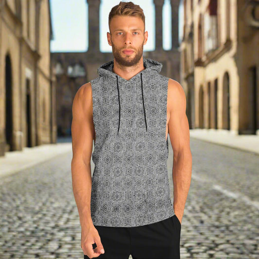 Geometric Grey Drop Armhole Hoodie – Menswear All-Over Print (AOP) | Streetwear-Inspired, Fleece-Lined, Oversized Hoodie