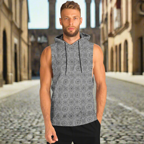 Geometric Grey Drop Armhole Hoodie – Menswear All-Over Print (AOP) | Streetwear-Inspired, Fleece-Lined, Oversized Hoodie