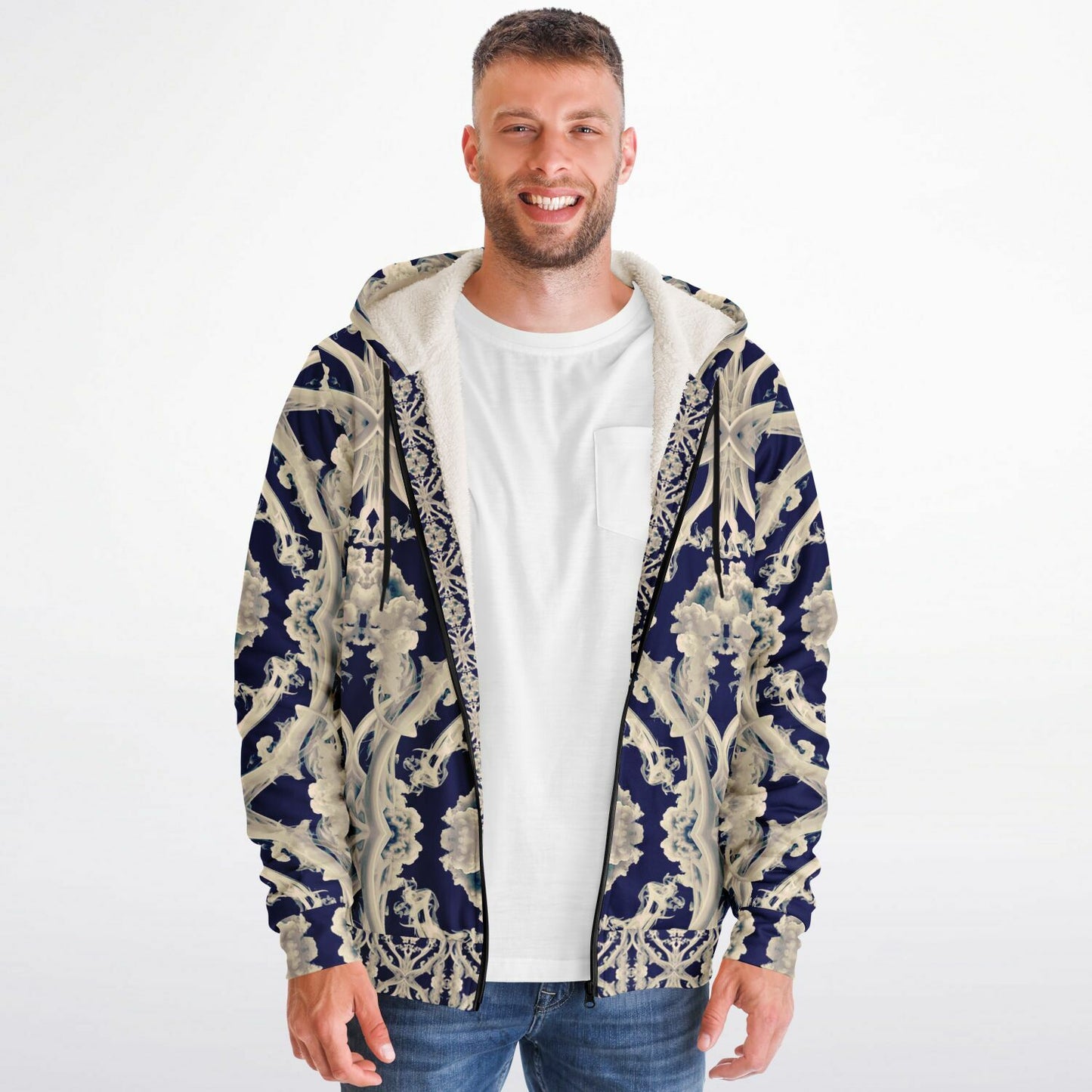 Clear Smoke, Cymatic, Microfleece Zip Hoodie – Sleek, Cozy & Futuristic All-Over Print Jacket