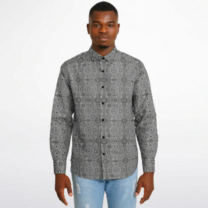 Grey Geometric Long Sleeve Button-Down Shirt – Stylish All-Over Print, Modern Casual & Formal Wear
