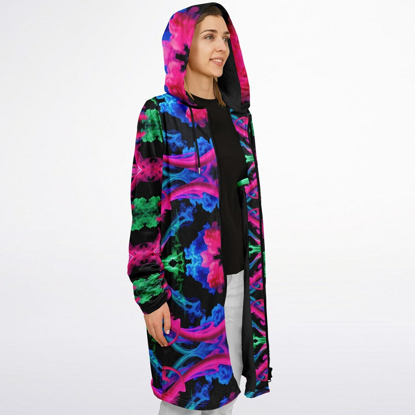 Neon Spectrum Cymatic Zip Cloak – Bold, Futuristic & Ultra-Cozy Longline Jacket