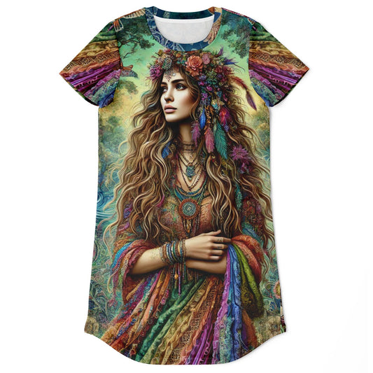 Spiritual Goddess Trinity Collection T-Shirt Dress – Vibrant All-Over Print (AOP) Featuring Unique Faces for Boho Chic Comfort