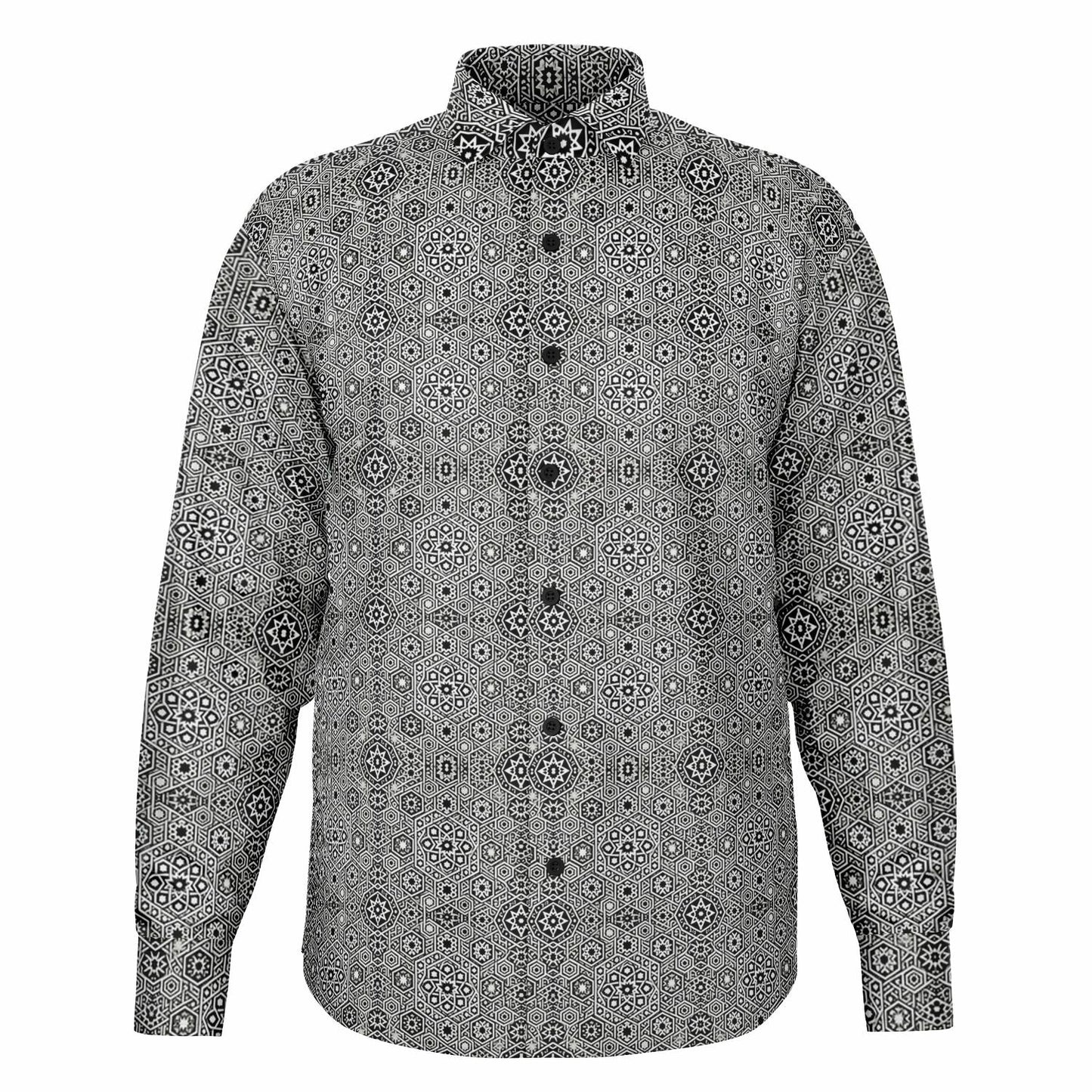 Grey Geometric Long Sleeve Button-Down Shirt – Stylish All-Over Print, Modern Casual & Formal Wear
