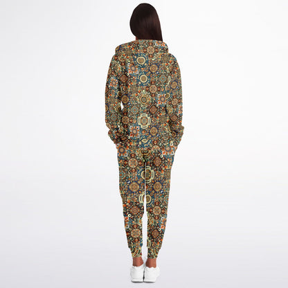 Boho Patchwork Zip Hoodie & Jogger Set – Bohemian Style Loungewear, Trendy All-Over Print Tracksuit, Casual Streetwear & Comfortable Activewear