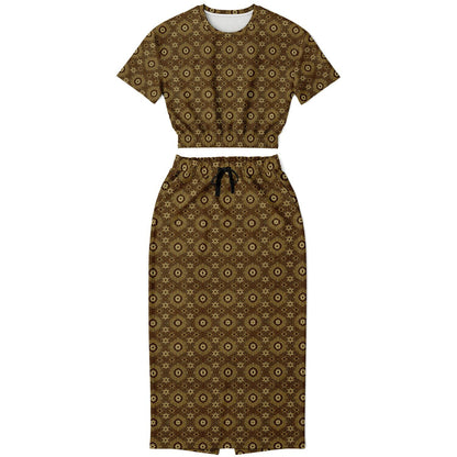 Geometric Gold Pattern Cropped Sweatshirt & Long Pocket Skirt Set – Bold Two-Piece Co-ord for Streetwear, Loungewear & Casual Outfits (AOP)