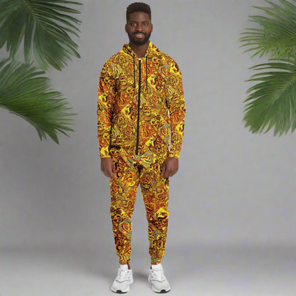 Gold Dragon Zip Hoodie & Jogger Set – Bold Streetwear Tracksuit with Mythical Asian-Inspired Design (AOP)