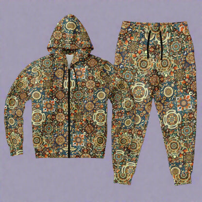 Boho Patchwork Zip Hoodie & Jogger Set – Bohemian Style Loungewear, Trendy All-Over Print Tracksuit, Casual Streetwear & Comfortable Activewear