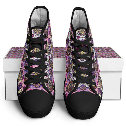 Geometric Pink & White High-Top Sneakers – All-Over Print Urban Streetwear, Trendy Casual Shoes