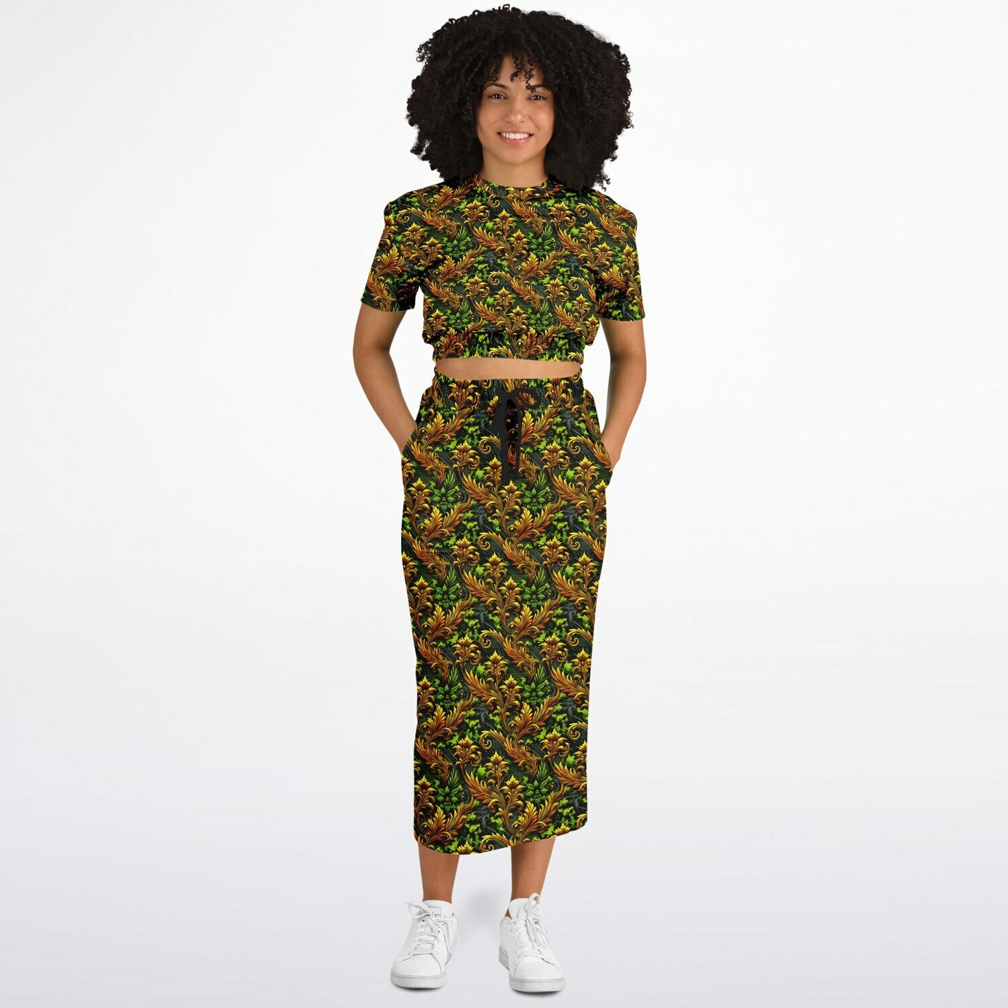 Gold Garden Cropped Sweatshirt & Long Pocket Skirt Set – Trendy Two-Piece Loungewear & Streetwear Outfit (AOP)