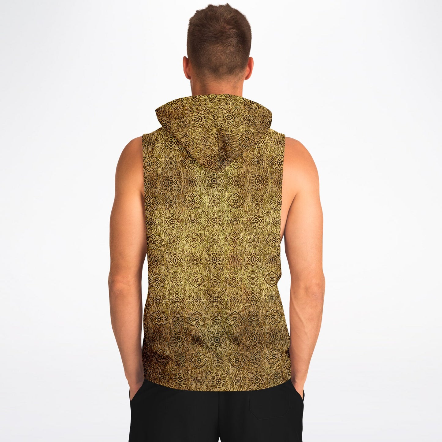 Geometric Gold Drop Armhole Hoodie – Unisex All-Over Print (AOP) | Bold Streetwear Hoodie | Fleece-Lined for Comfort & Style