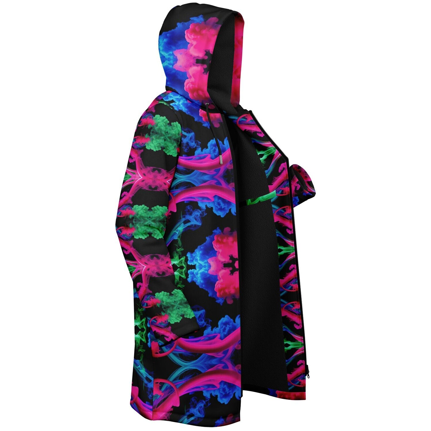 Neon Spectrum Cymatic Zip Cloak – Bold, Futuristic & Ultra-Cozy Longline Jacket