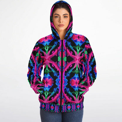 Neon Spectrum Cymatic Microfleece Zip Hoodie – Vibrant, Cozy & Bold All-Over Print Jacket