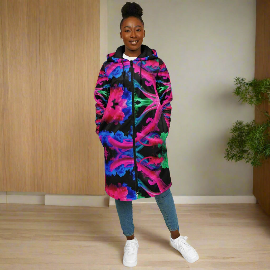 Neon Spectrum Cymatic Zip Cloak – Bold, Futuristic & Ultra-Cozy Longline Jacket